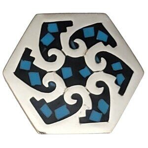 Sterling Silver Turquoise, Black Blue Enamel Inlay Hexagon Brooch Pendant